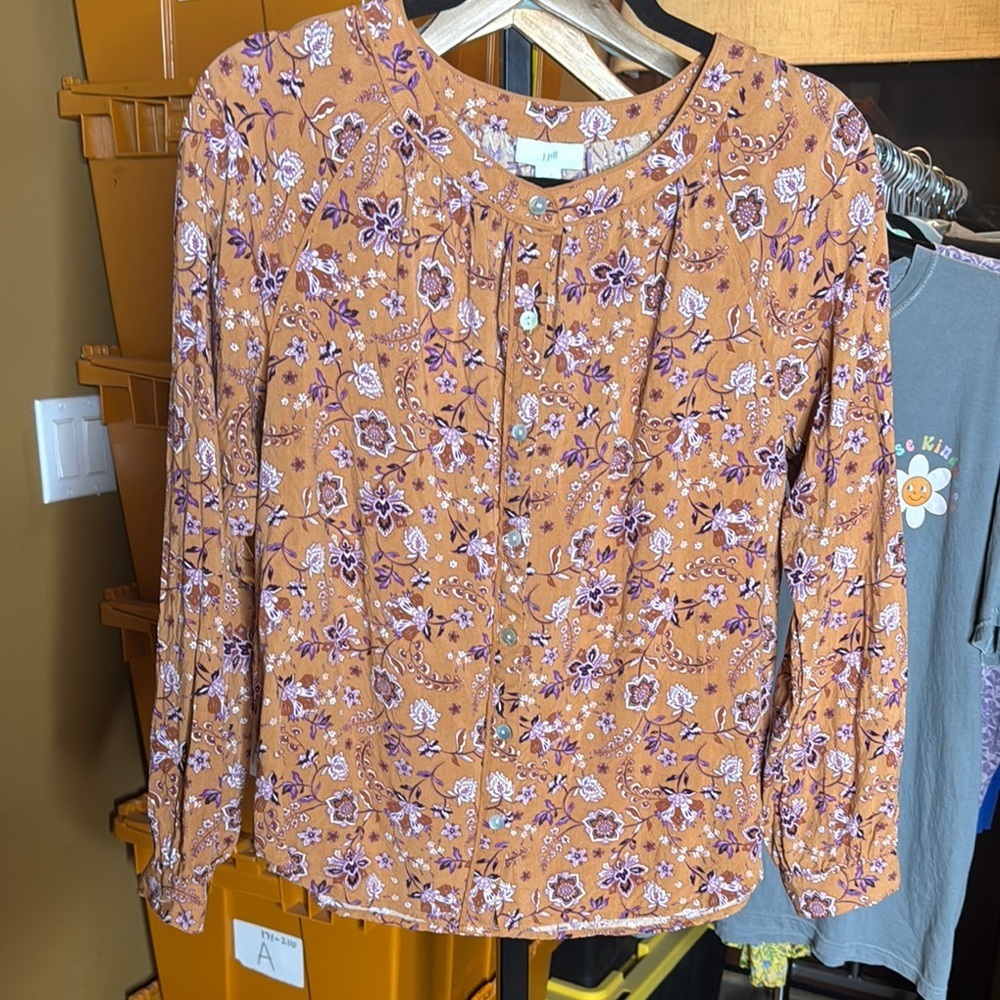 J Jill Orange Floral Bib Collar Blouse Size Small